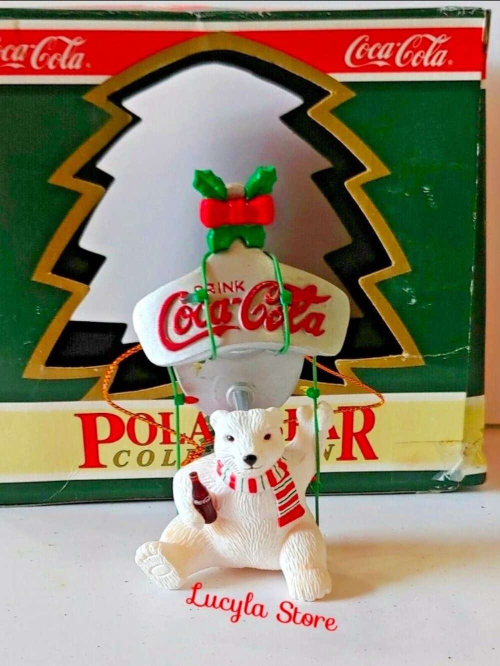 1995 Coca Cola Collection Polar Bear on a Bottle Opener Christmas Ornament w box
